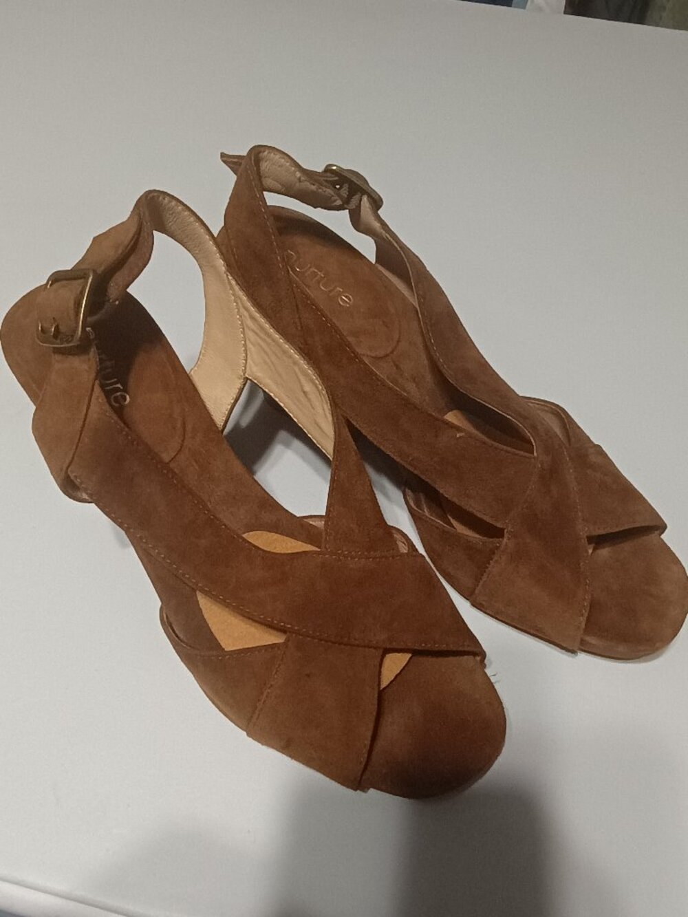 Nurture Brown Suede Leather Criss Cross Block Heel Sandals Women’s Size 10M